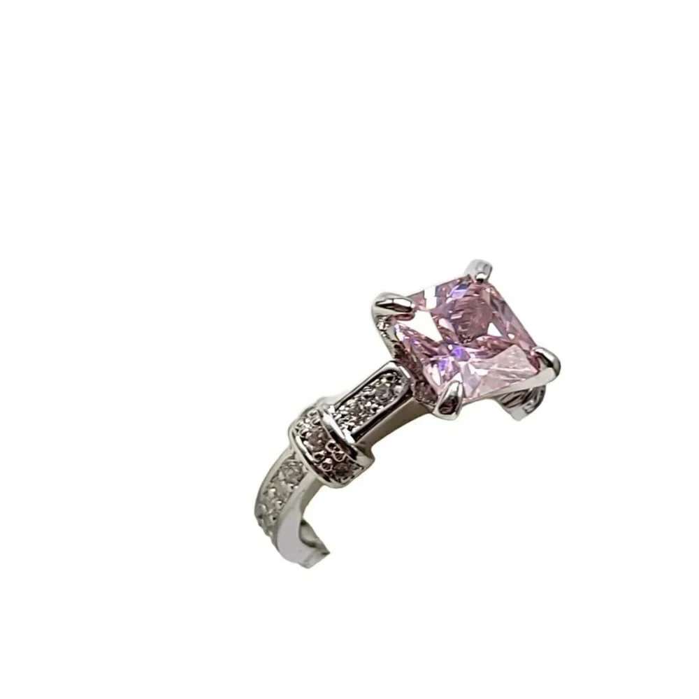 Pink Princess Cut Glass Rhinestone CZ Silver Plated Cocktail Ring Size 5